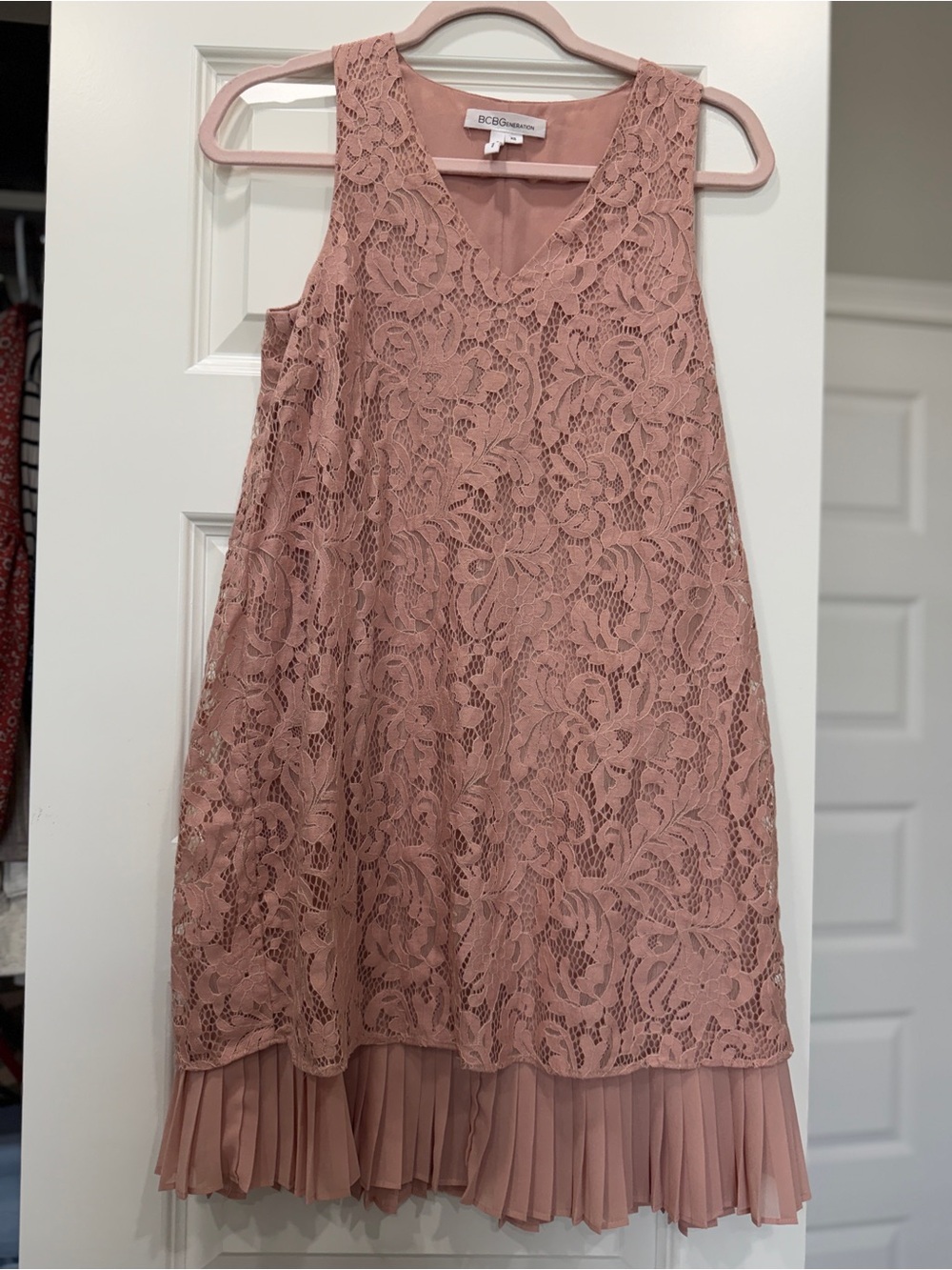 BCBGeneration Blush Pink Lace Midi Dress with Pleated Hem